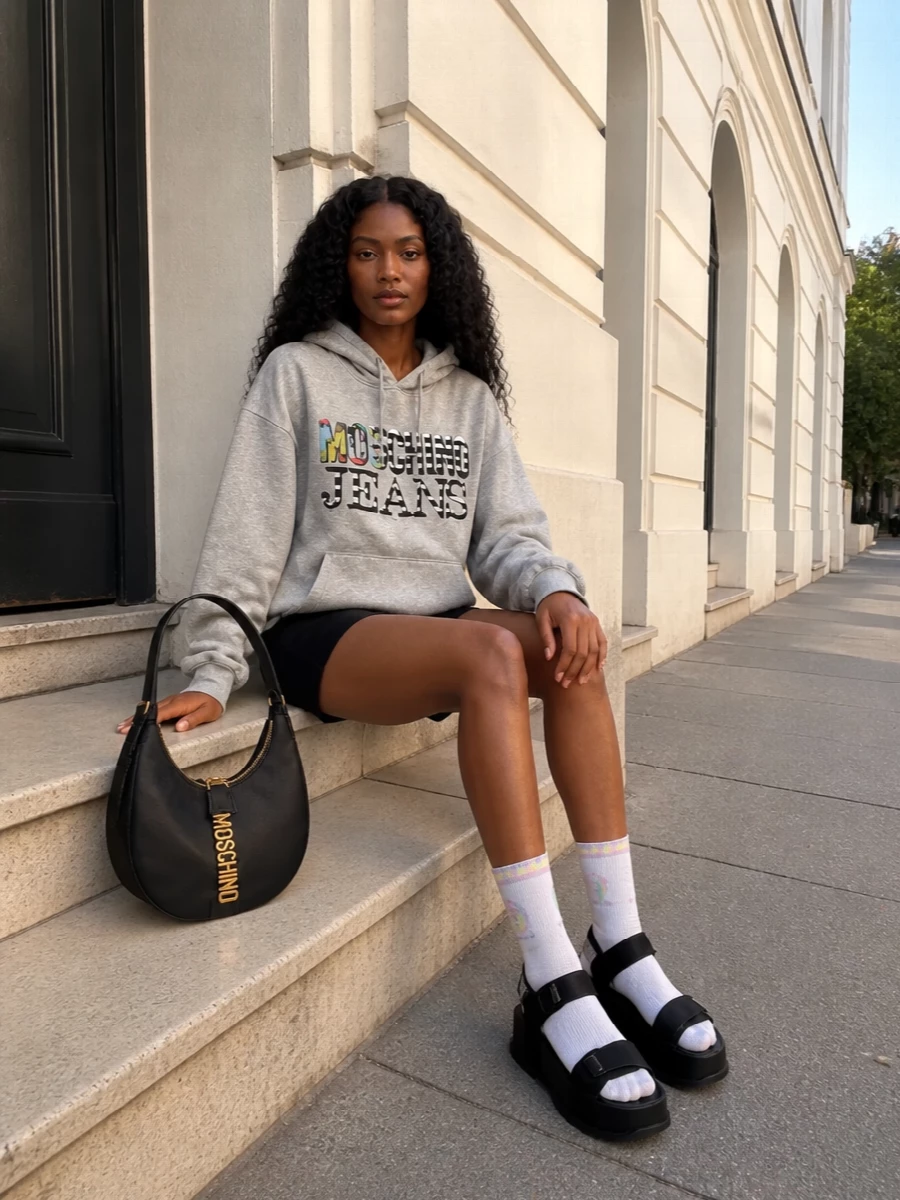 Moschino hoodie black shorts platform sandals