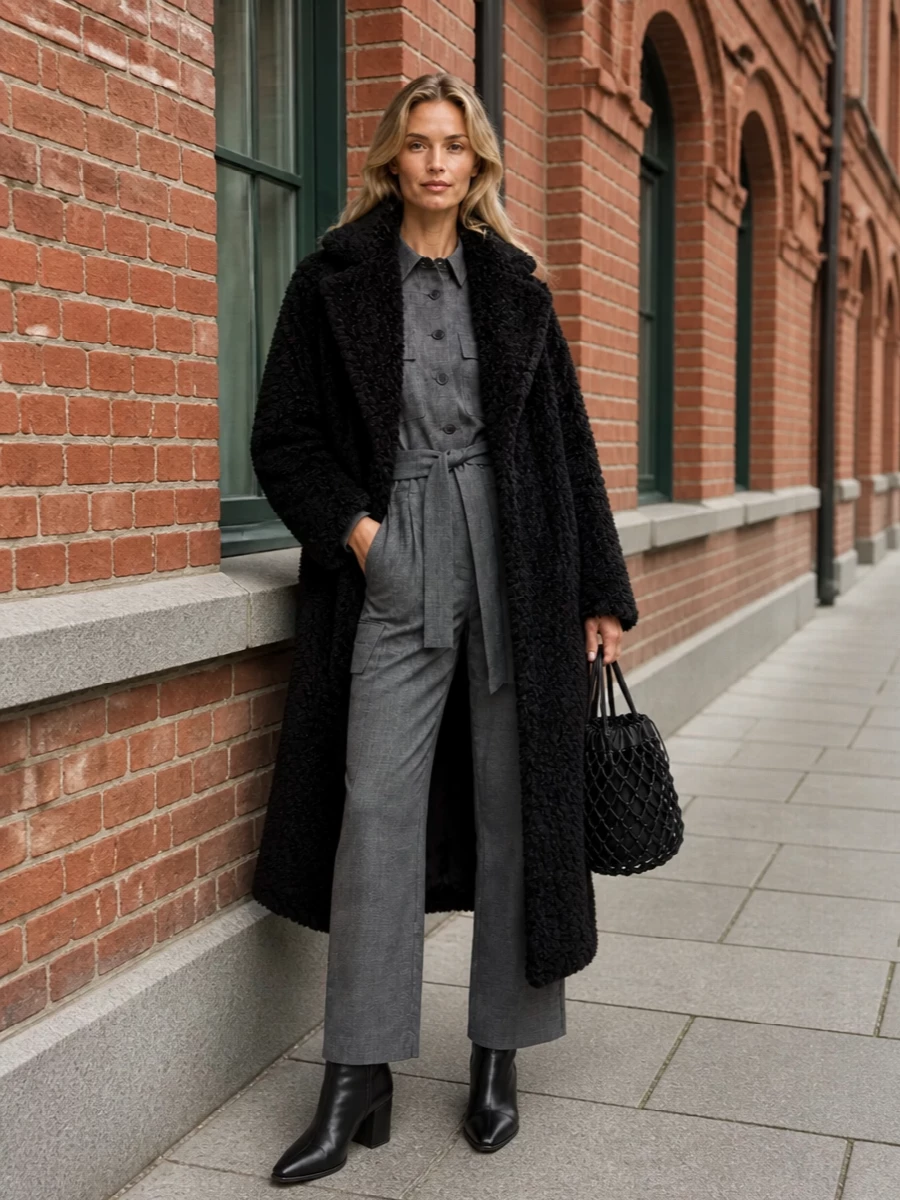 Frankie shop shearling coat tailored jumpsuit outfit