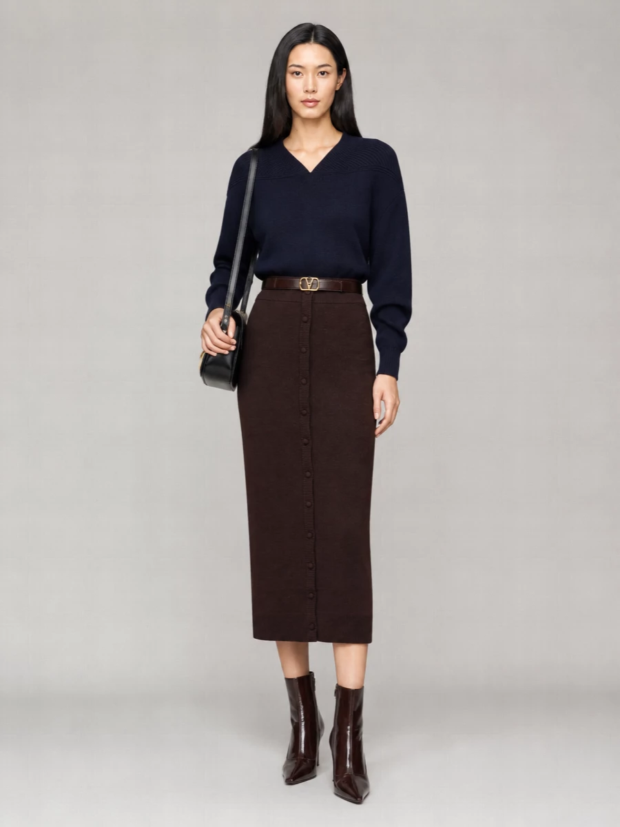 Victoria Beckham Mohair Ribbed Midi Pencil Skirt