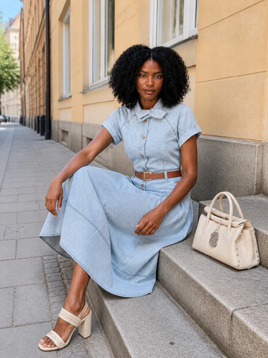 Light-wash double denim becomes intentional with a sculpted Zimmermann shirt and matching A-line midi, the seaming and high waist keeping the volume precise rather than casual. Cream block-heel sandals and a butter-soft structured tote brighten the palette, while a slim tan belt picks up the brass hardware for a quietly strong, city-ready finish. This is relaxed summer tailoring with just enough street attitude to feel modern.