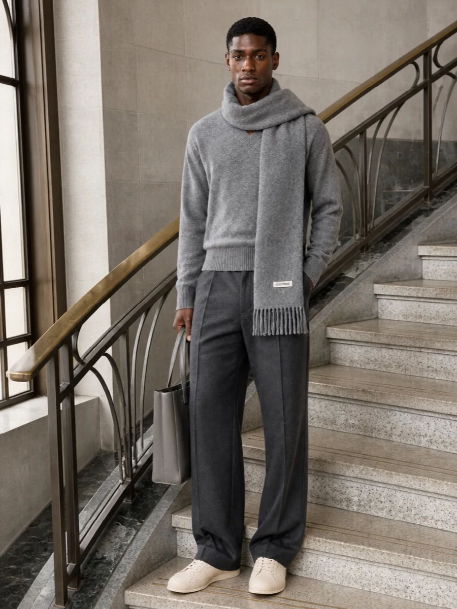 Ami paris grey sweater charcoal trousers outfit