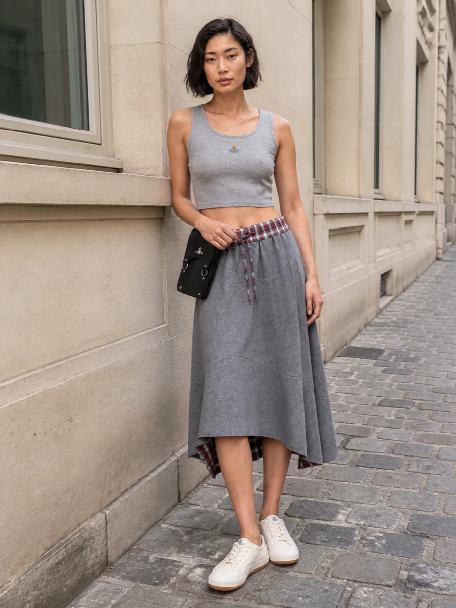 Vivienne Westwood’s asymmetric midi goes full street with a ribbed grey cropped tank that feels athletic and unfussy. Cream canvas sneakers keep the attitude grounded and easy, while a black belt bag sharpens the waist and adds just enough hardware to underline the brand’s subversive edge.