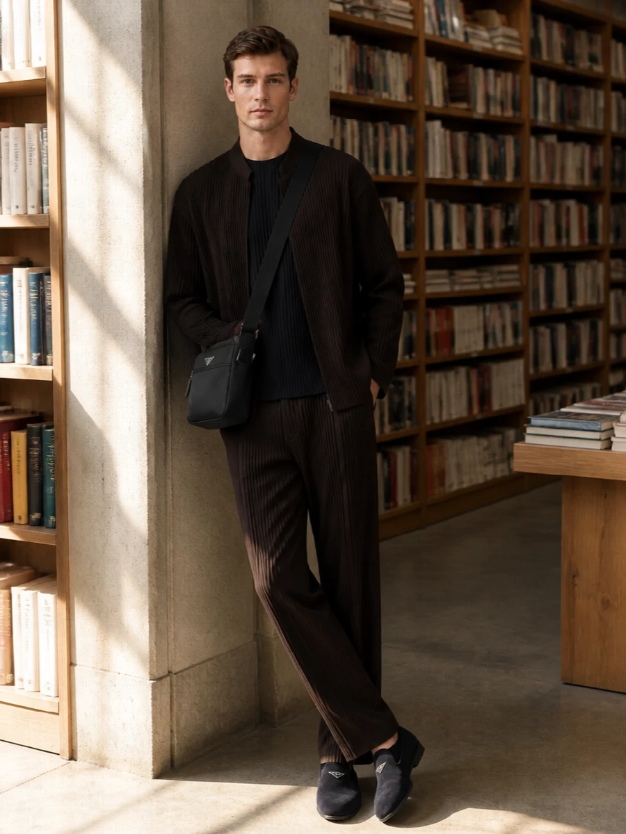 Issey miyake pleated coat prada loafers outfit