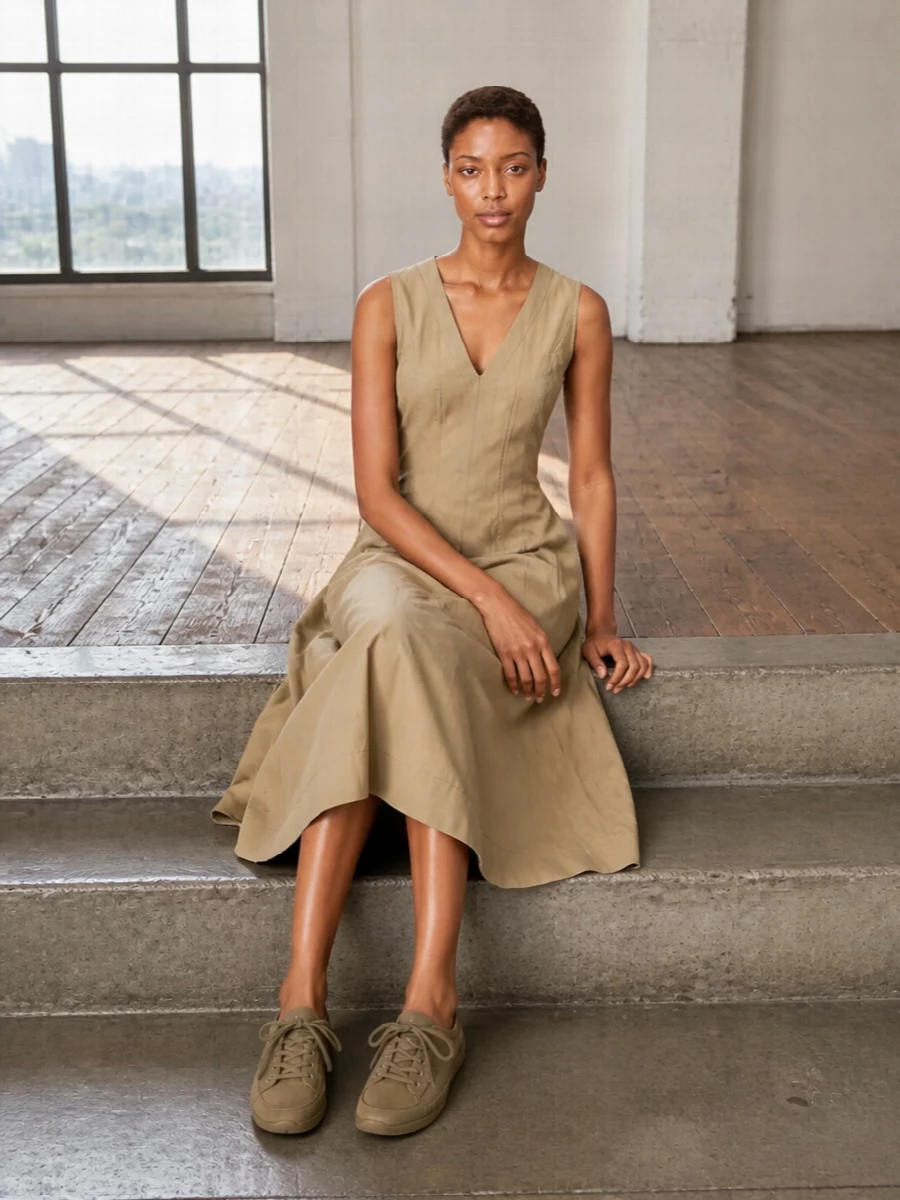 Anchoring the Prada canvas sneakers with the sand Bottega midi dress keeps everything in a warm, tonal register that feels calm, modern and quietly expensive for warm weather. Choosing the dress route avoids breaking that long, clean line with a separate top and trouser, which would lessen the ease and simplicity of the silhouette. The Brunello Cucinelli tote deepens the neutral palette and adds a sculptural, discreetly luxurious note that still reads daytime and practical.