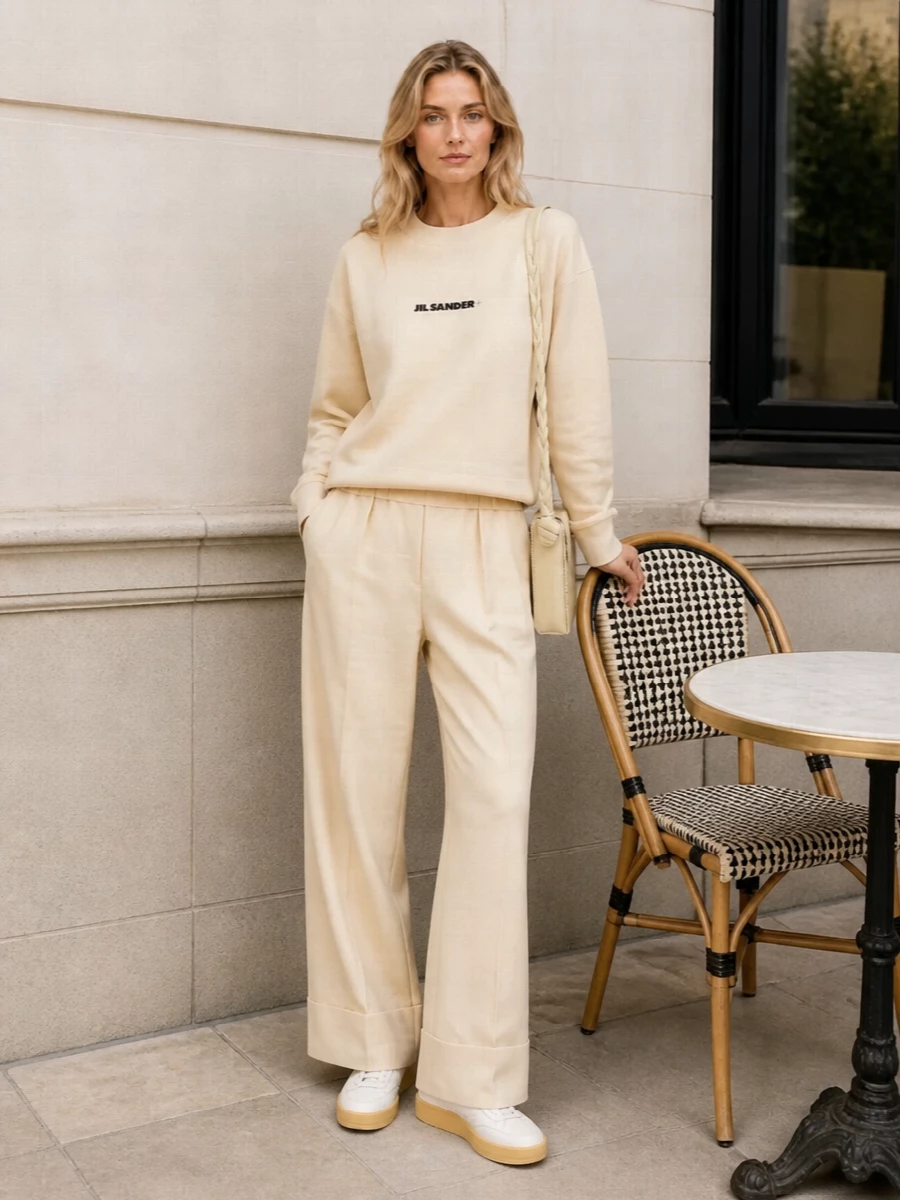 Jil sander buttercream sweatshirt wide leg trousers