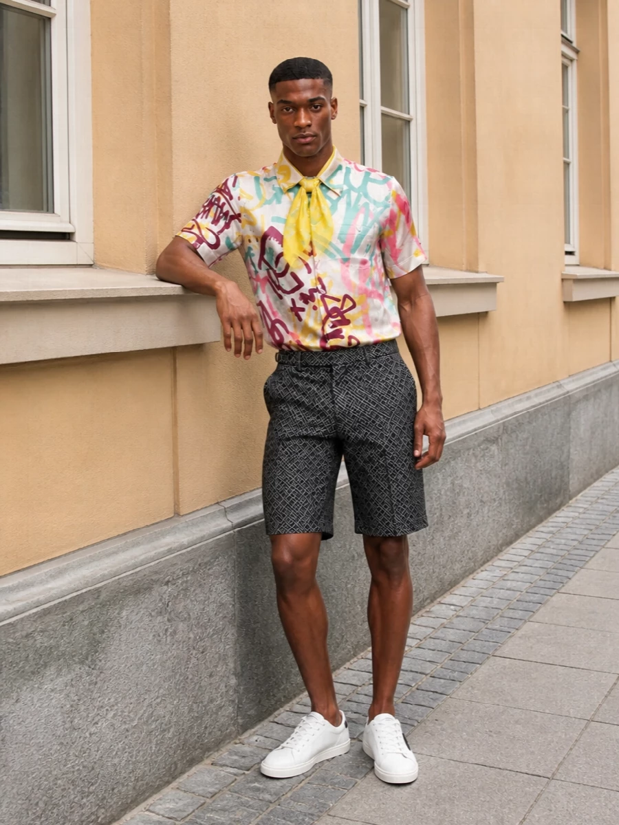 Dolce gabbana satin shirt tailored shorts outfit