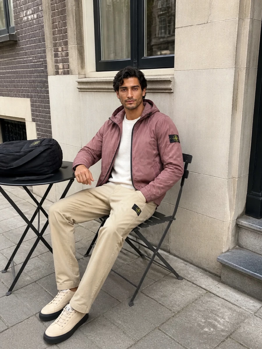 Stone island mauve parka ivory knit khaki chinos