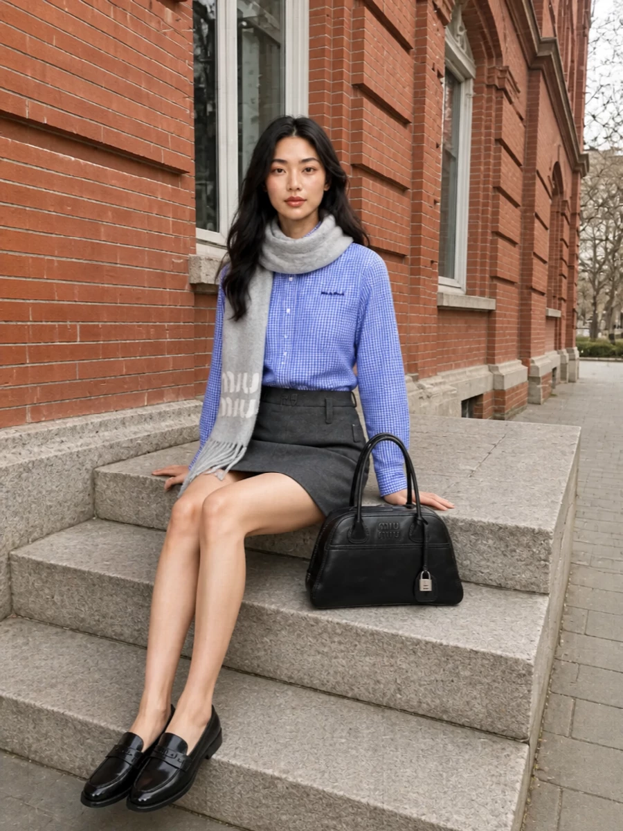 Miu miu gingham shirt grey mini skirt outfit