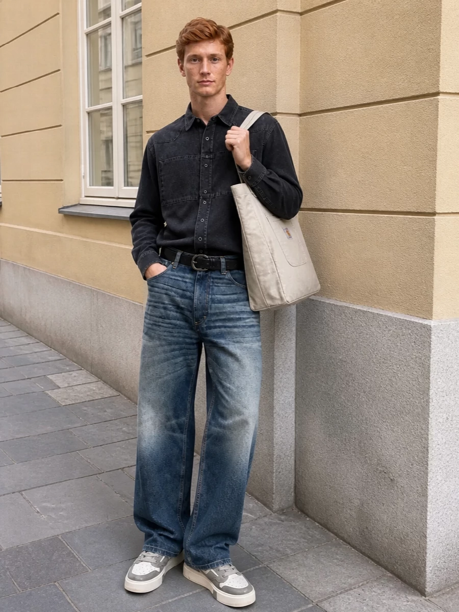 Mm6 denim shirt wide leg jeans represent sneakers
