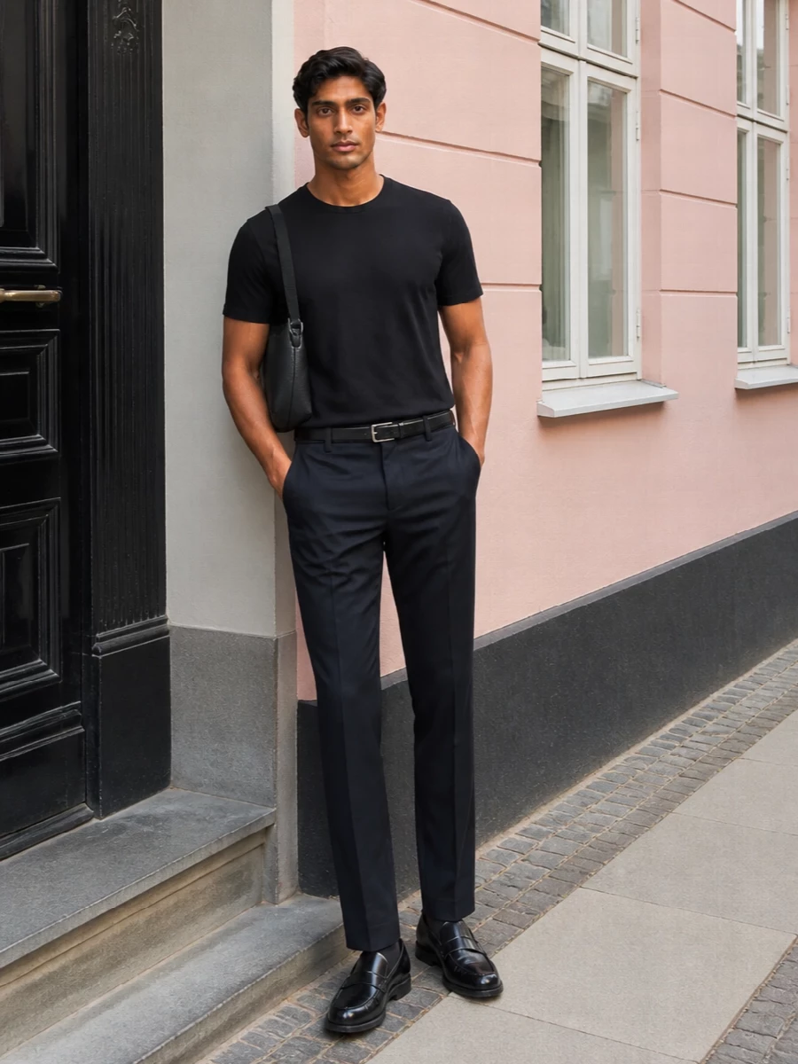 Lardini black t shirt navy trousers loafers