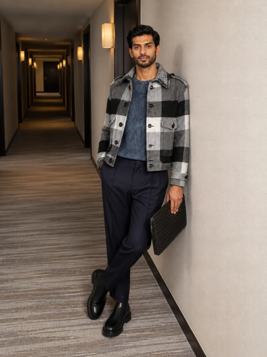 Etro grey check peacoat navy trousers outfit