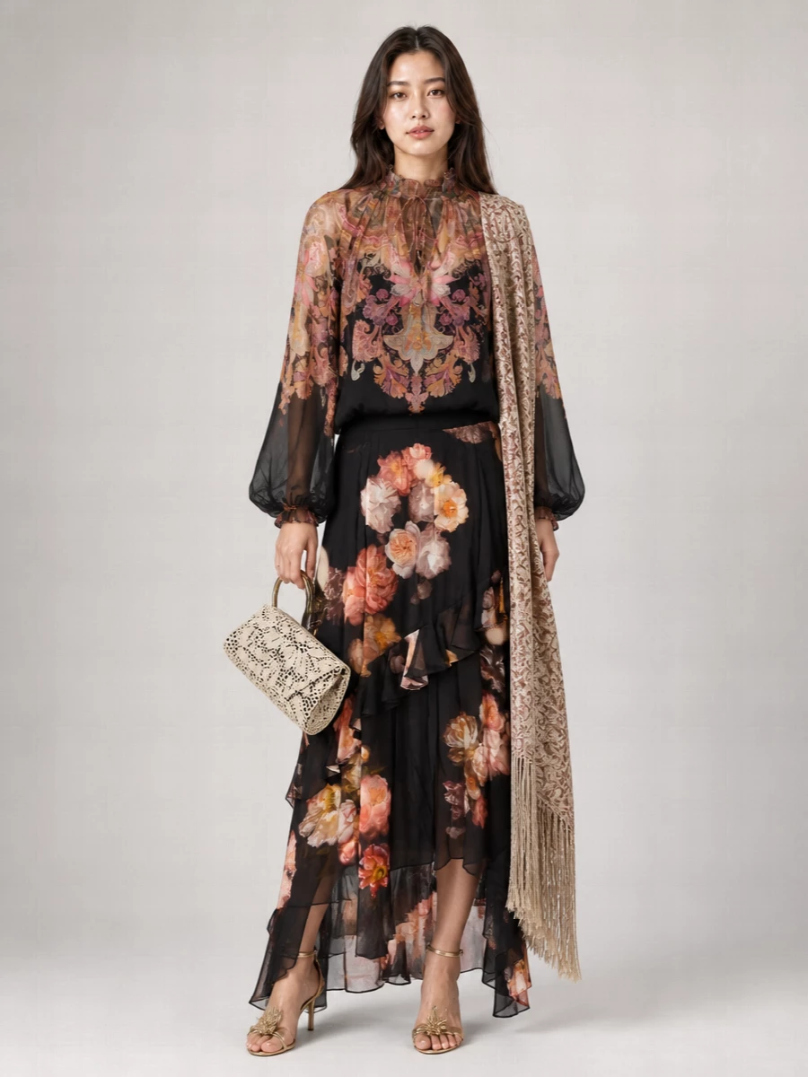 Zimmermann Floral Print High Neck Long Sleeve Blouse