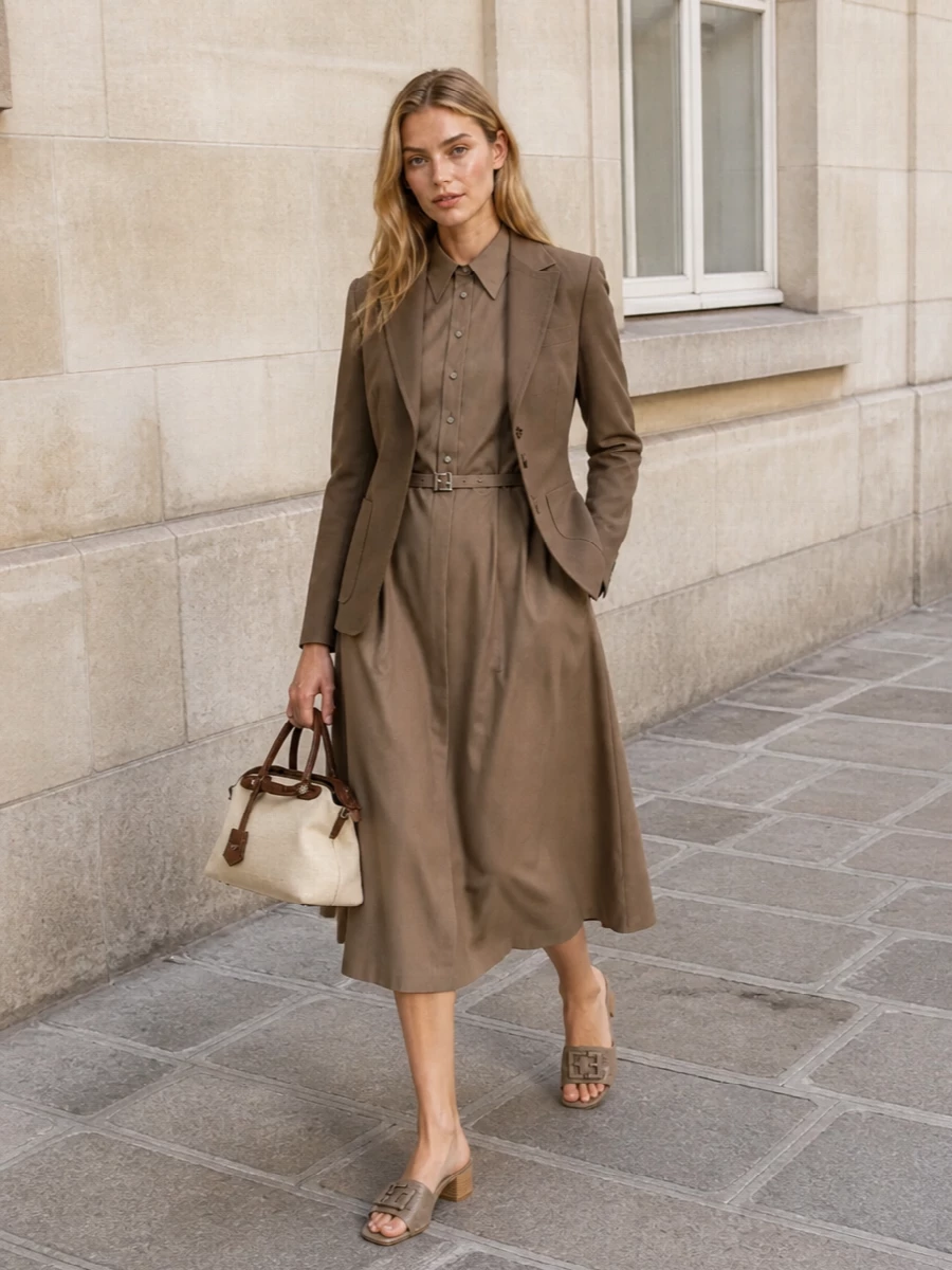 This look builds a refined tonal story around the taupe Fendi blazer by pairing it with the matching-hue Fendi belted shirt dress, creating a long, tailored line that feels powerful yet effortless for SS. Taupe block-heel slides keep the silhouette light and modern, while the ivory-and-chocolate top-handle bag introduces a polished contrast that still sits firmly within the quiet-luxury, boardroom-to-dinner universe. Opting for the dress route avoids the visual heaviness of double tailoring (blazer over blazer or busy separates) and preserves a clean, minimalist sophistication.