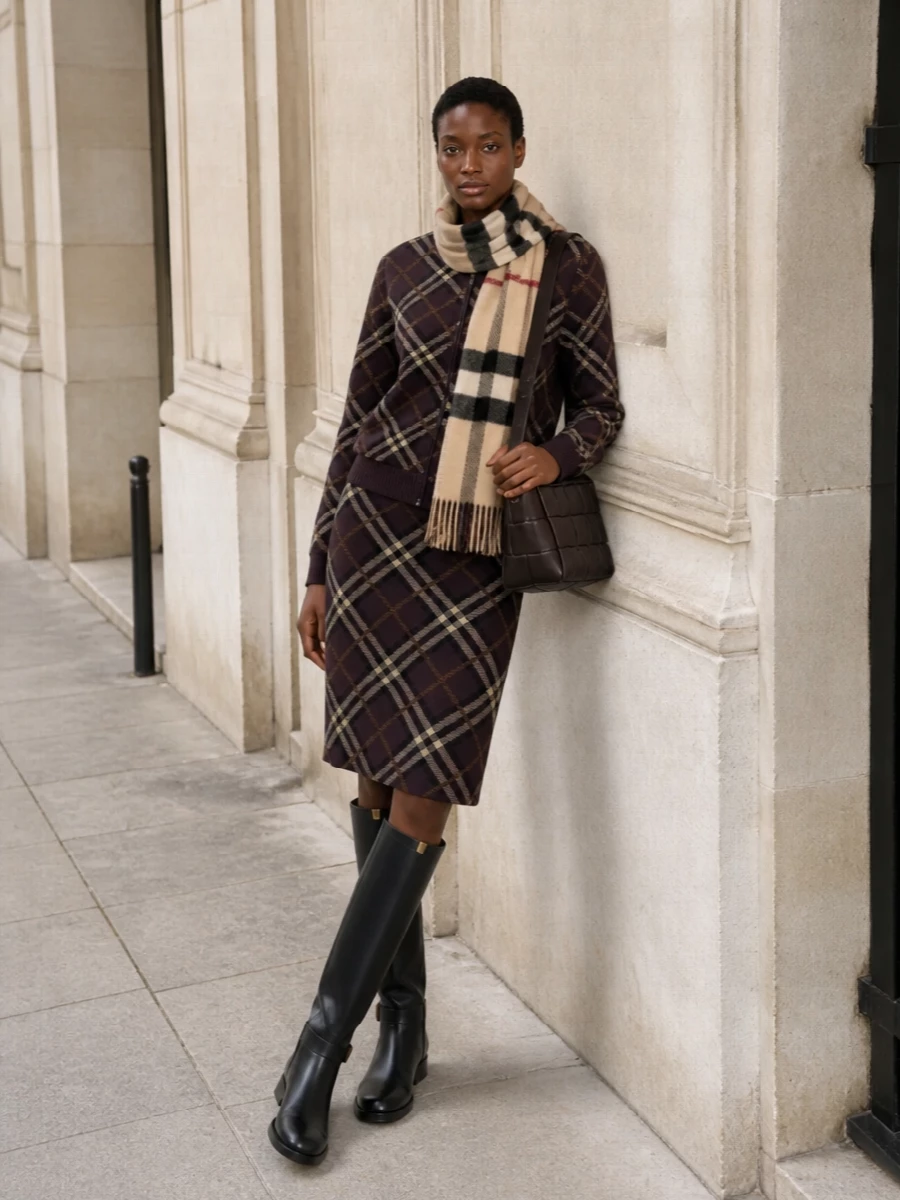 Burberry argyle cardigan check skirt outfit