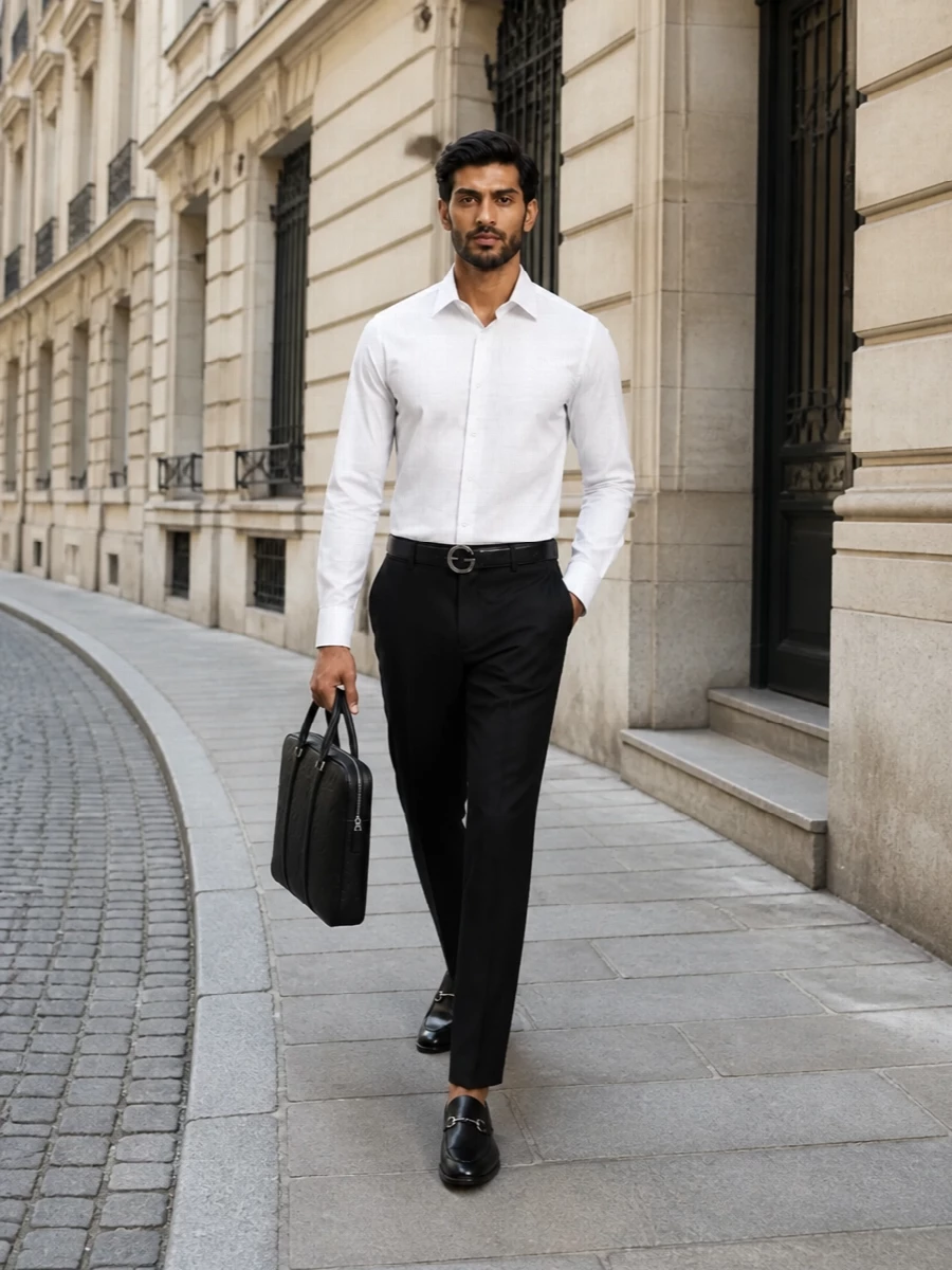 Gucci charcoal trousers white shirt outfit