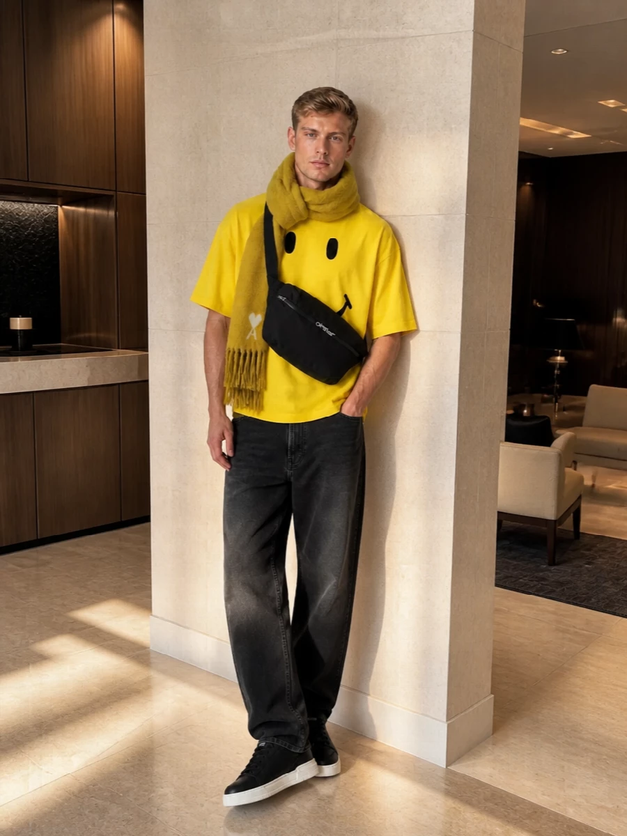 Moschino yellow smiley tshirt black jeans outfit