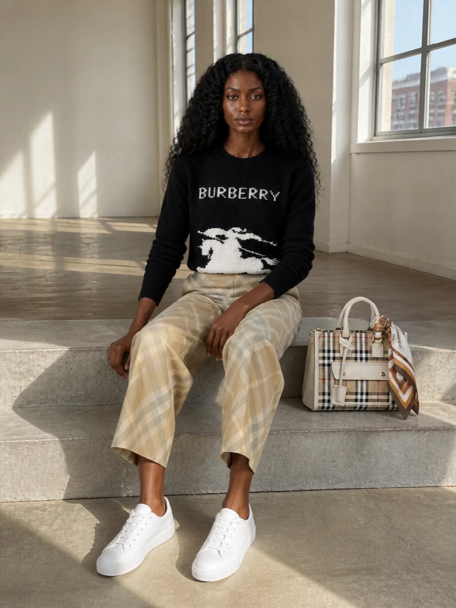 Burberry equestrian sweater checked cropped trousers