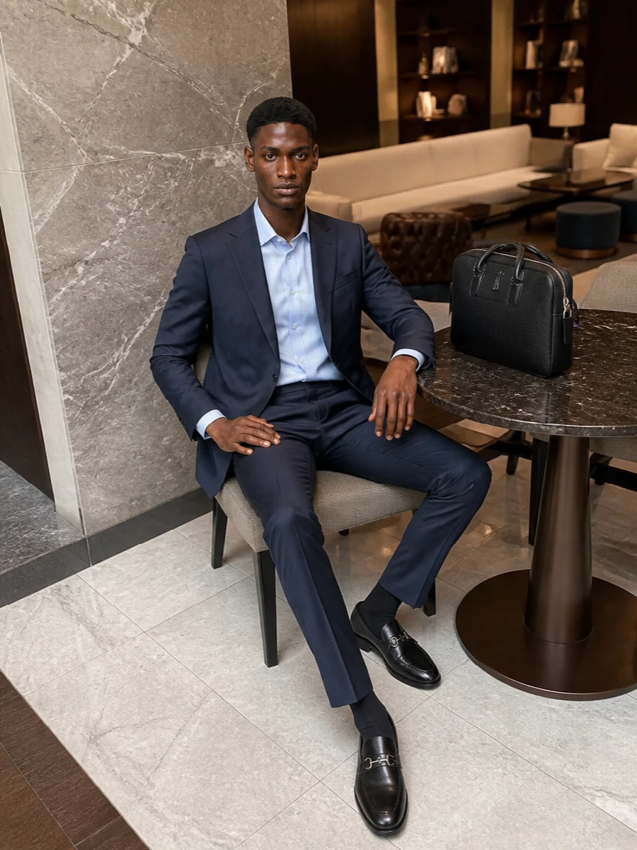 Zegna navy suit ferragamo loafers tom ford briefcase