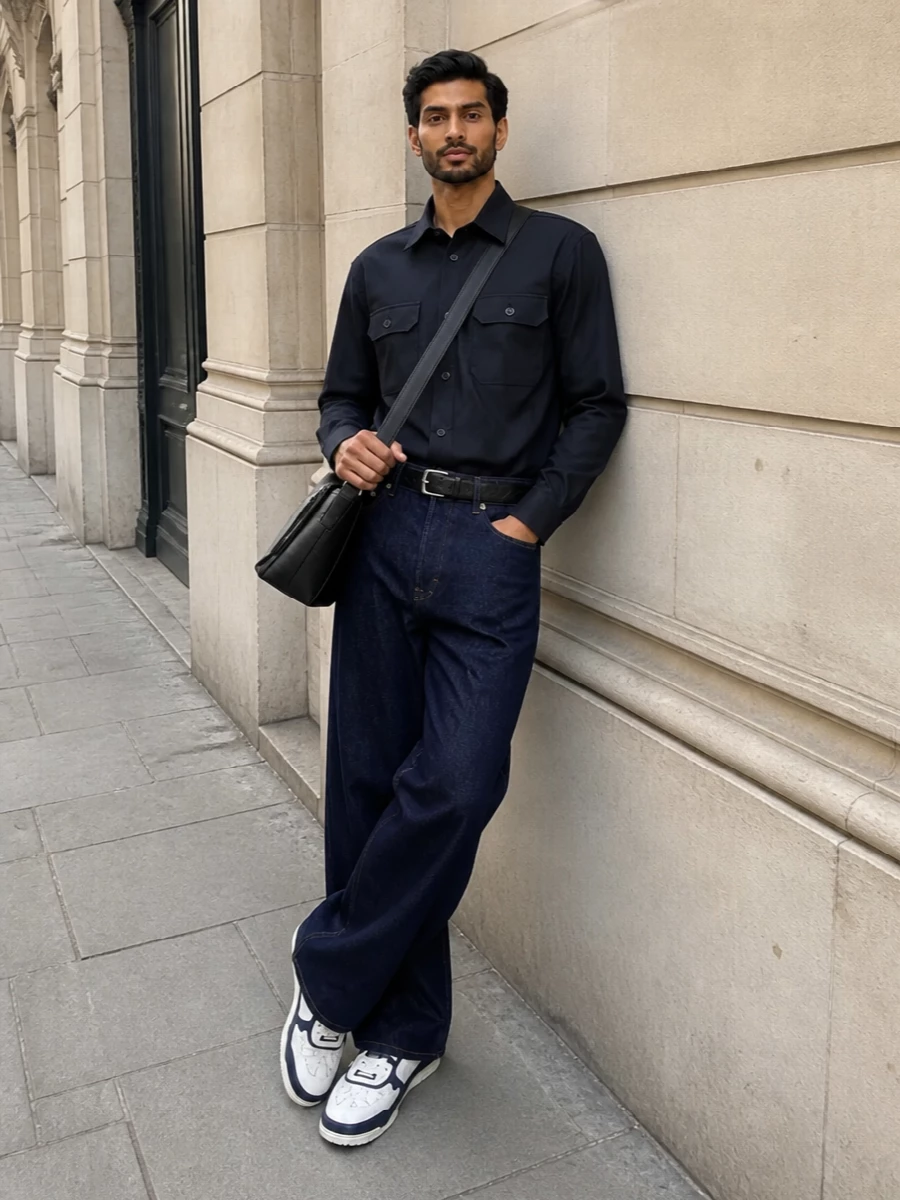 Gucci wide leg denim outfit court sneakers