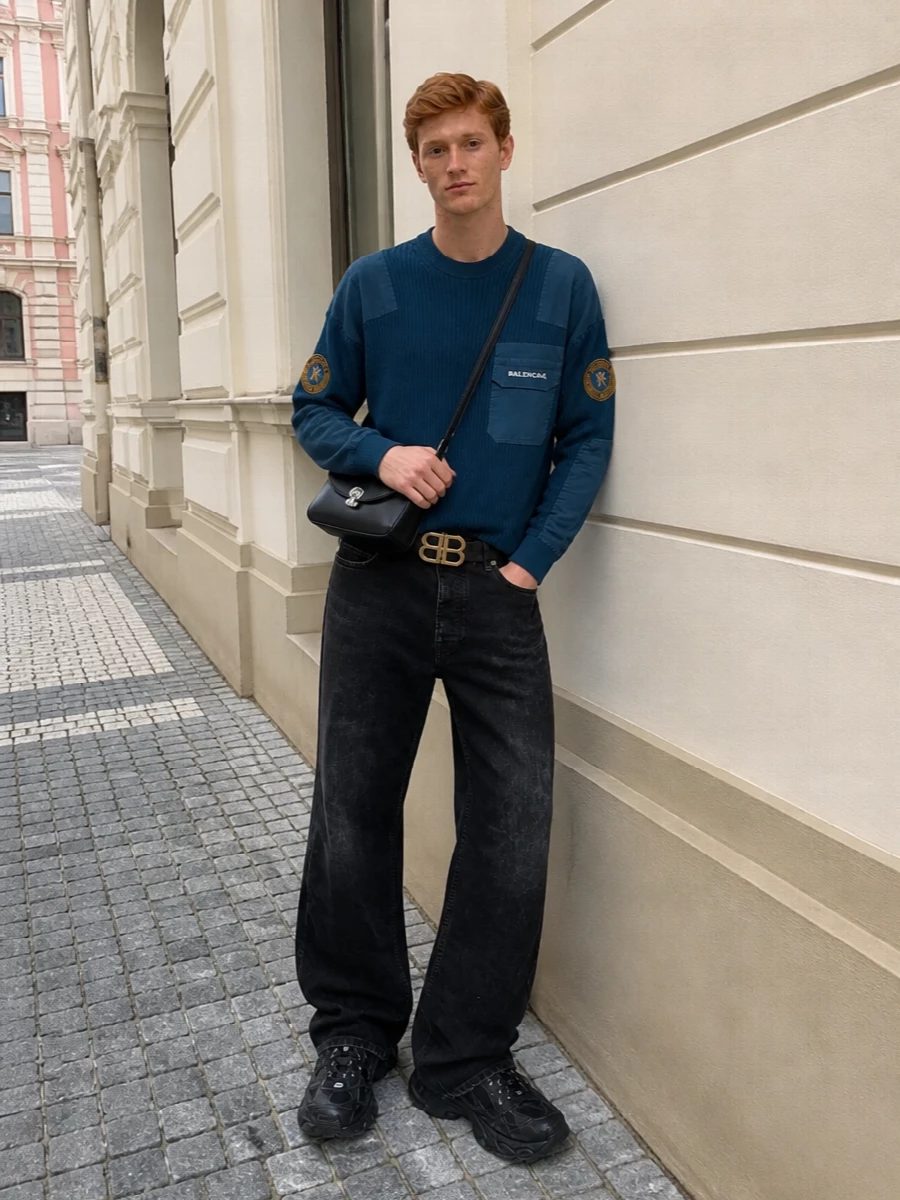 Balenciaga blue utility sweater black jeans outfit