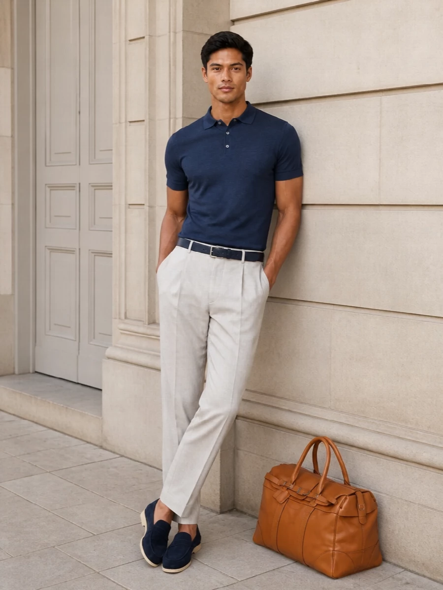 Ink navy and light beige keep this pairing calm and deliberate, with the knit polo and pleated trouser reading smart but relaxed for warm days in the city or by the water. Navy suede loafers echo the top and stay refined without feeling formal, while the cognac leather weekender and slim belt add just enough structure and quiet detail. It is an easy uniform for travel days, long lunches and understated evenings where you want polish without ceremony.