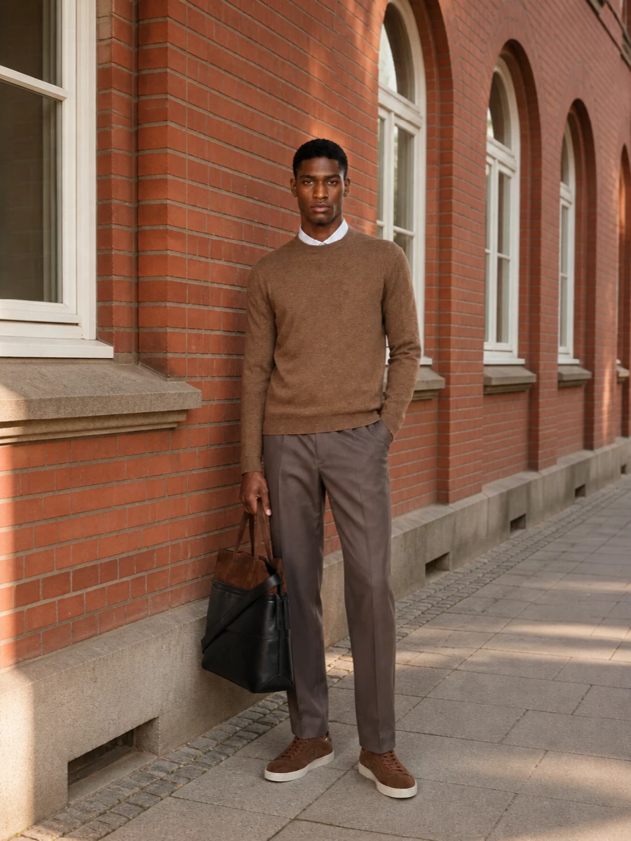 Warm taupe tailoring with a camel knit and chestnut suede sneakers creates a tonal, quietly polished outfit that feels considered but relaxed. The clean lines and soft textures keep everything minimal while the brown spectrum connects each piece. It is an easy city uniform that moves from daytime meetings to dinner without needing a change of clothes.