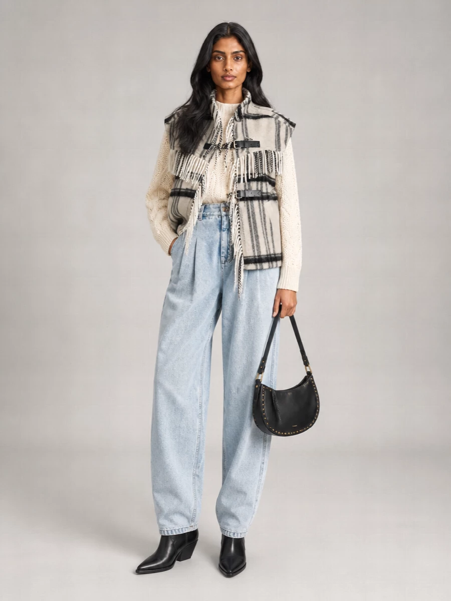 Isabel Marant Etoile Wool Checked Fringed Oversized Sleeveless Wrap Vest