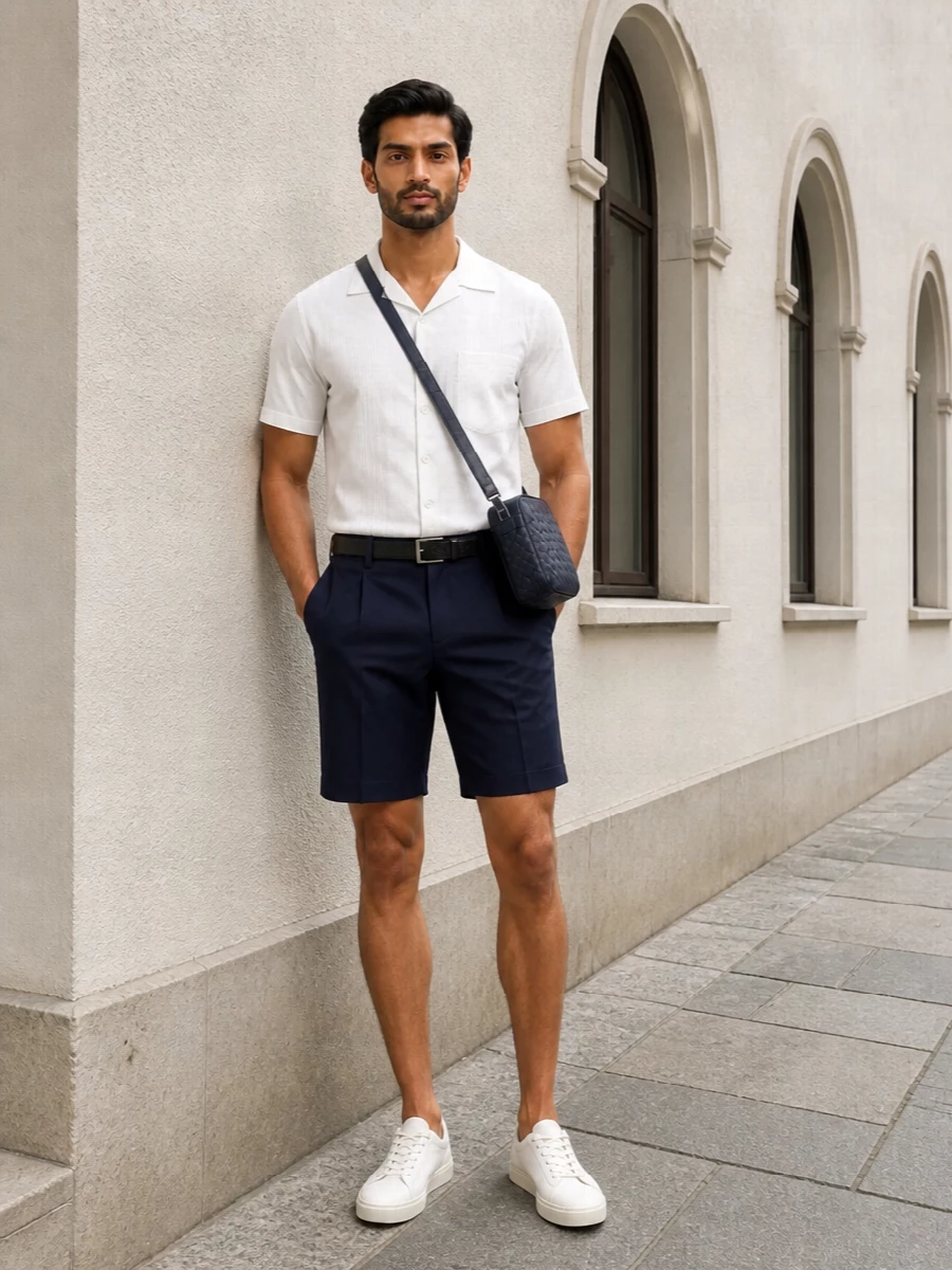 Navy tailored shorts resort collar shirt outfit