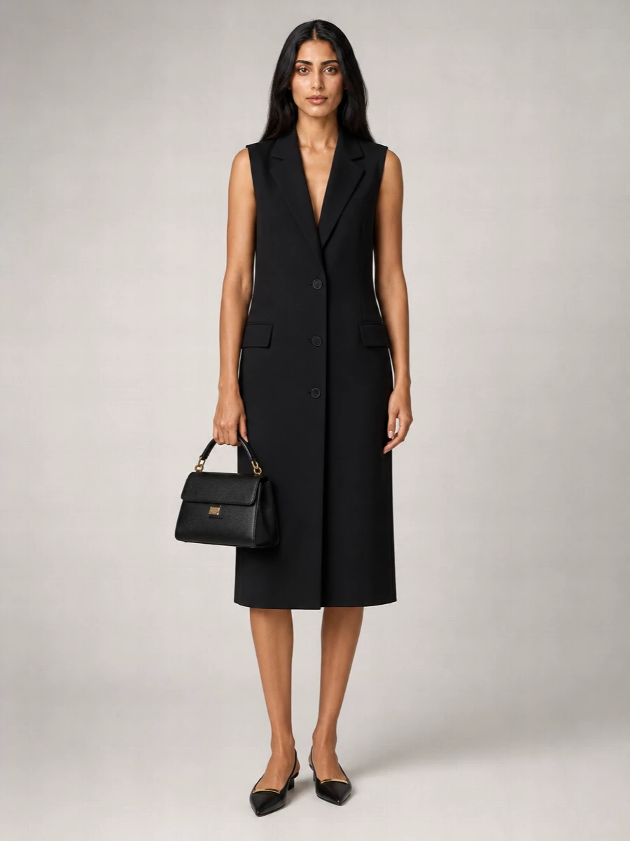 Pairing the structured Dolce&Gabbana bag with Balenciaga’s tailored midi shift creates a precise, all-black column that reads quietly powerful rather than loud. I chose the dress route over separates to keep the focus on pure, uninterrupted tailoring, letting the bag’s Sicilian polish and the dress’s blazer-inspired lines do the talking. Tod’s pointed slingback adds a clean, gold-accented finish that feels as refined in a client dinner as it does at a late bar.