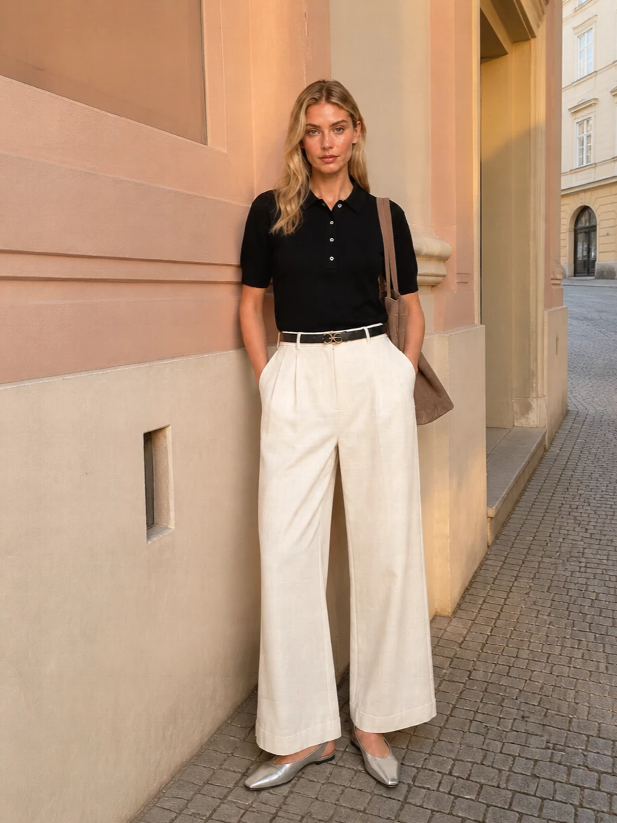 Studio nicholson black polo off white wide leg pants