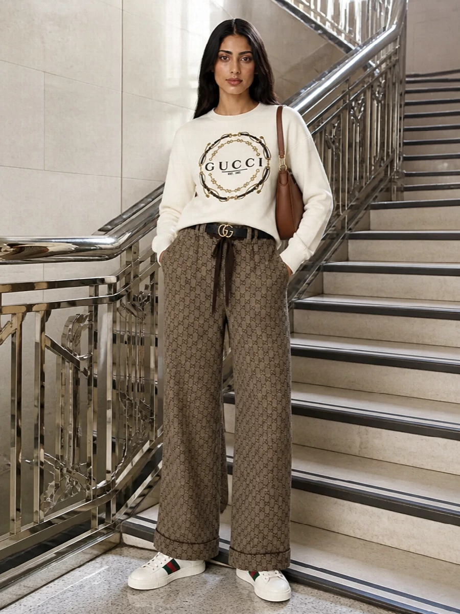 This look leans into elevated off-duty Gucci: taupe GG wide-leg trousers paired with a cream logo sweatshirt create a relaxed, coordinated base that feels polished enough for city days or travel. Off-white webbed sneakers and a caramel leather hobo keep the palette warm and refined, while a slim black GG belt gently structures the waist so the silhouette stays intentional rather than slouchy. The result is quietly logo-forward, comfortable, and unmistakably luxe without feeling overdone.
