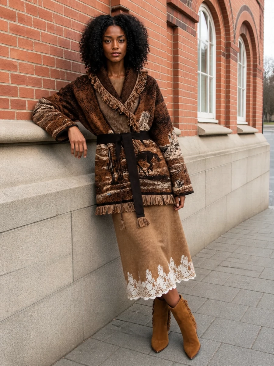 Here the Alanui coat stays hero, wrapped over a softly feminine Alberta Ferretti knit dress and grounded with fringed Aquazzura boots for a Western-tinged boho winter story. The Balmain shearling clutch ties together suede, fringe and warm browns so the whole outfit feels artisanal, tactile and quietly polished for cold city days or mountain weekends. I chose the dress route over separates to keep the layers clean under the statement coat and let the movement come from fringe and lace rather than competing proportions.
