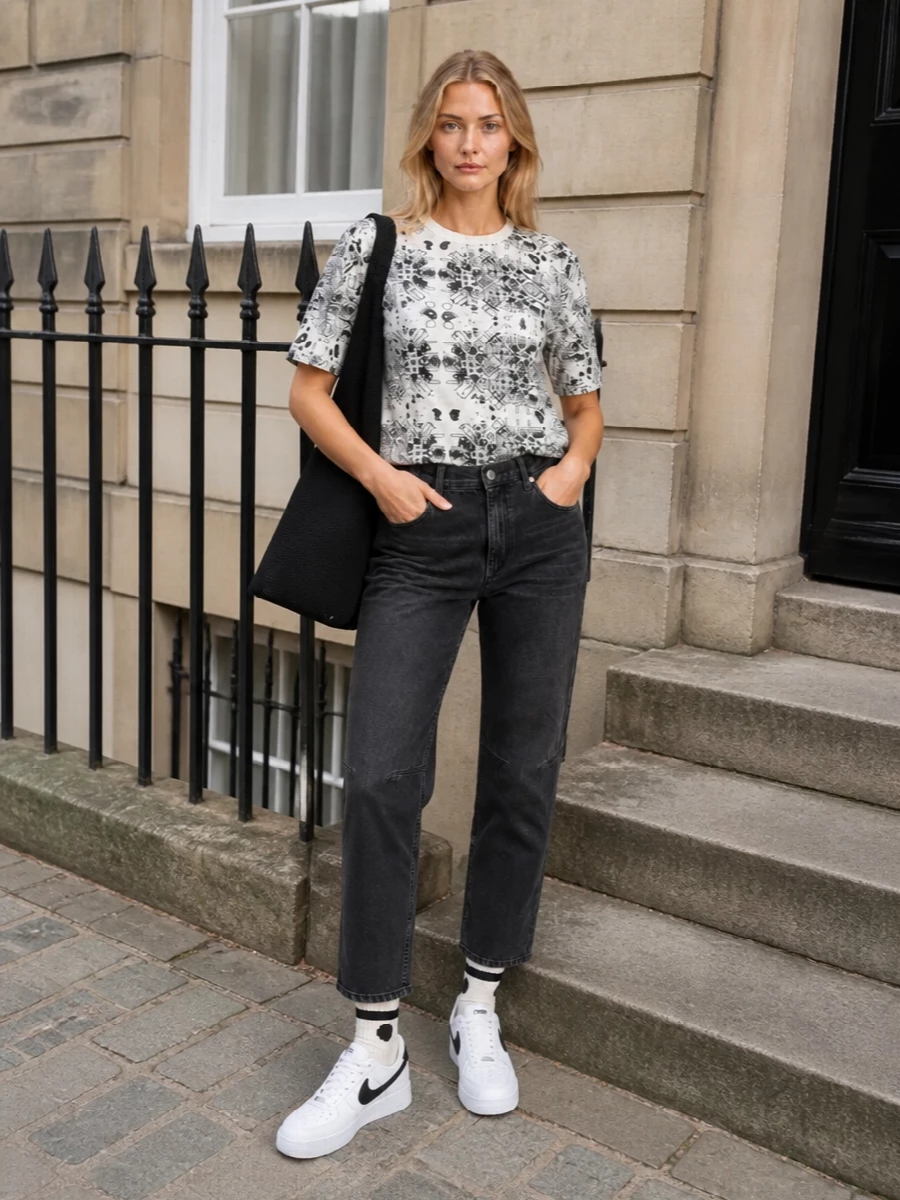 Iro graphic tee washed black jeans nike sneakers