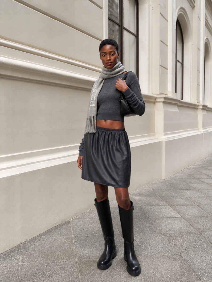 Miu miu charcoal skirt cropped sweater outfit