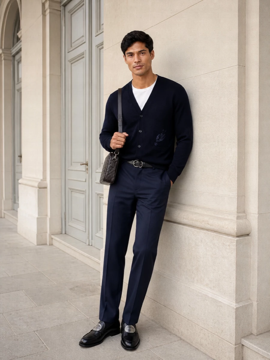 Dior navy cardigan bottega trousers loafers