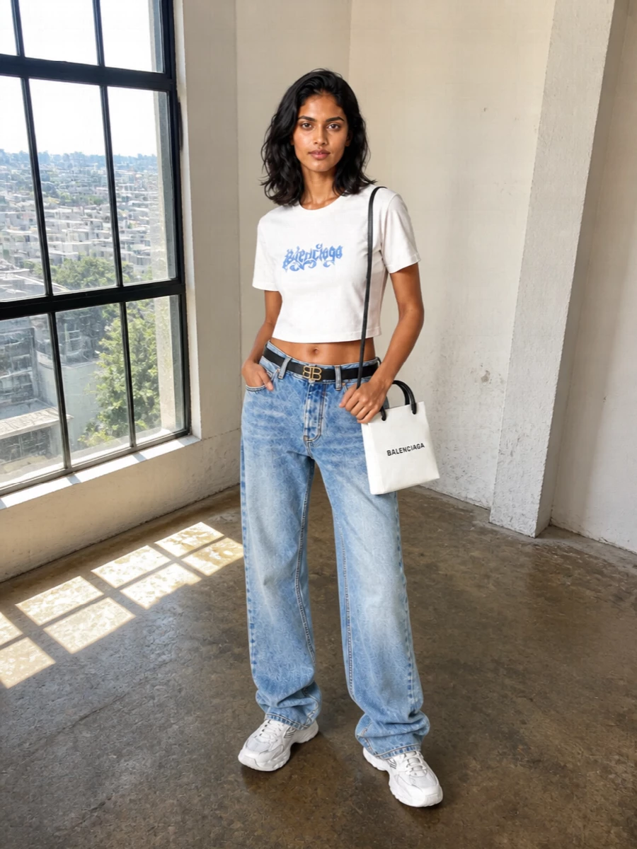 Balenciaga cropped tee relaxed light blue jeans