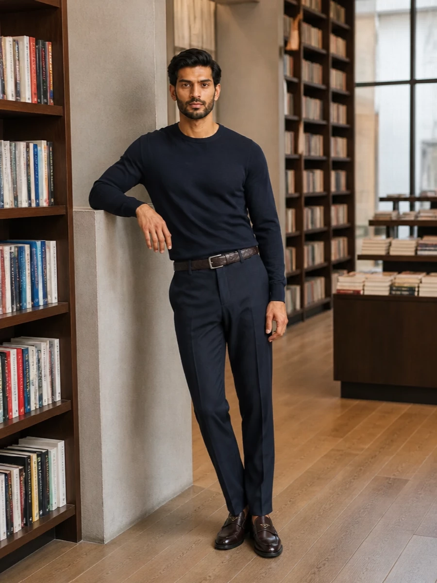 Brioni navy trousers crew knit prada loafers