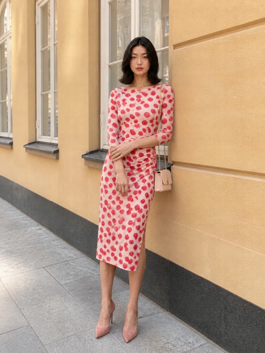 I’m styling this around the dress path, because a single ruched midi in blush and raspberry creates a more coherent, elongated line with the dusty-rose pumps than breaking it up with a separate top and skirt. The result is a romantic, cocktail-ready column in soft pinks and berries, with the pointed stiletto sharpening all that ruching into something grown-up and precise. A compact blush shoulder bag finishes the set with just enough structure and shine, keeping the whole outfit quietly luxurious rather than overtly glitzy.