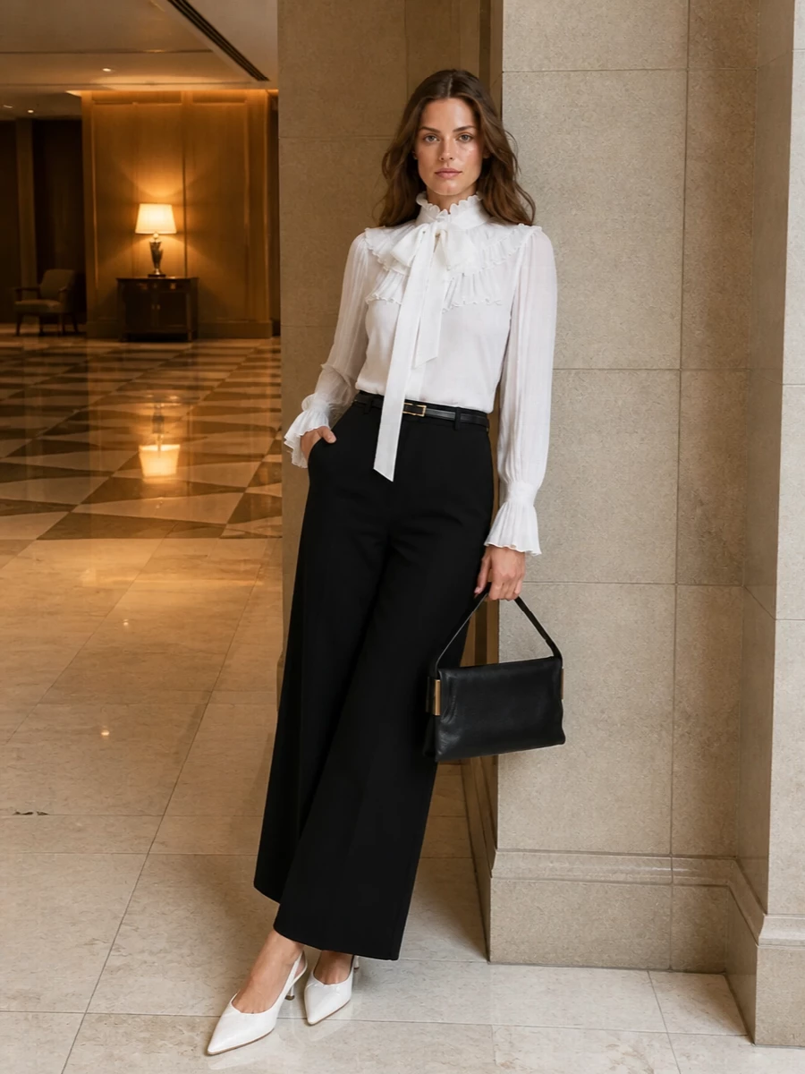 A softly dramatic high-neck blouse is grounded with precise black wide-leg tailoring for a romantic yet disciplined evening ensemble. Ivory slingbacks keep the palette light and feminine, while a sculpted black shoulder bag and discreet belt finish things with clean Italian polish. The result is poised enough for formal dinners, yet gentle in its movement and details.