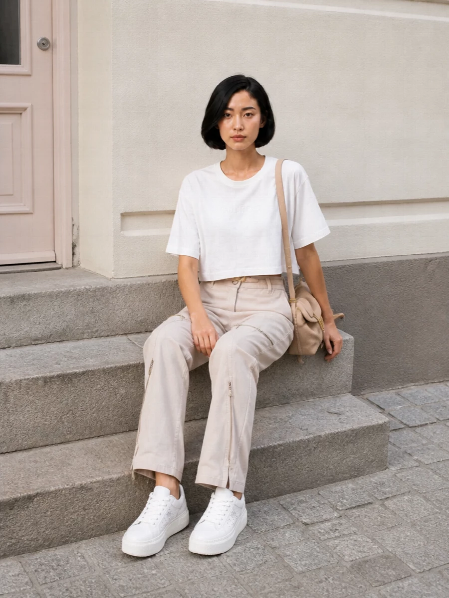 Pinko utility trousers white tee sneakers