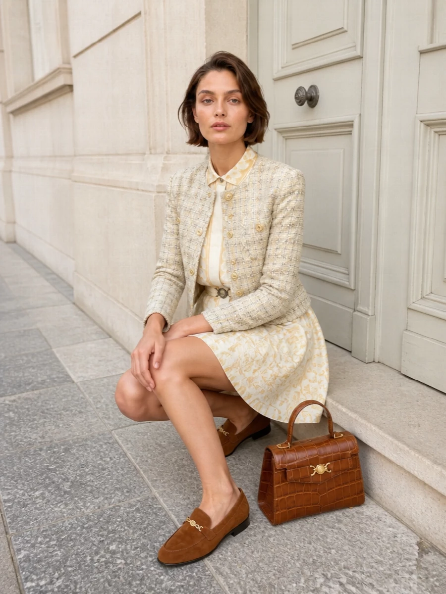 Versace tweed jacket ivory shirtdress outfit