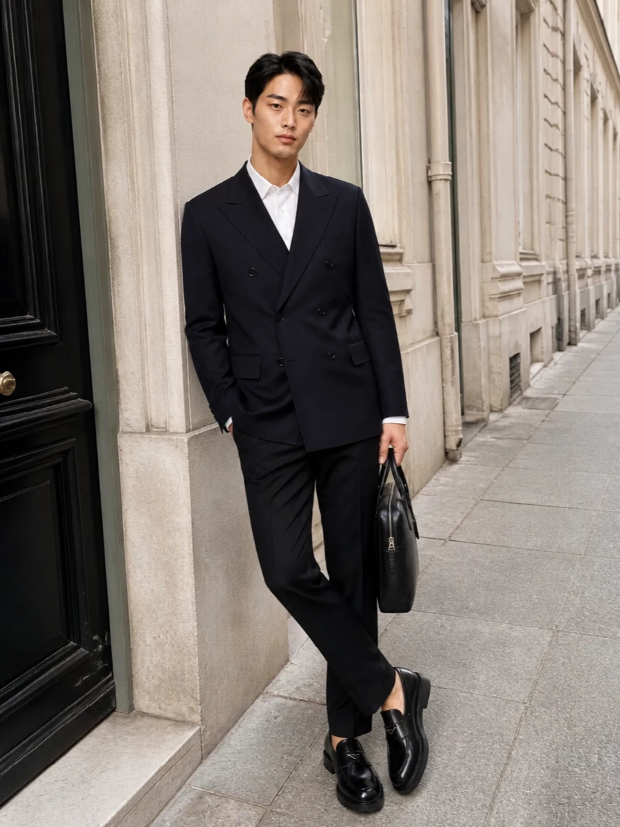 Prada navy blazer black trousers evening outfit