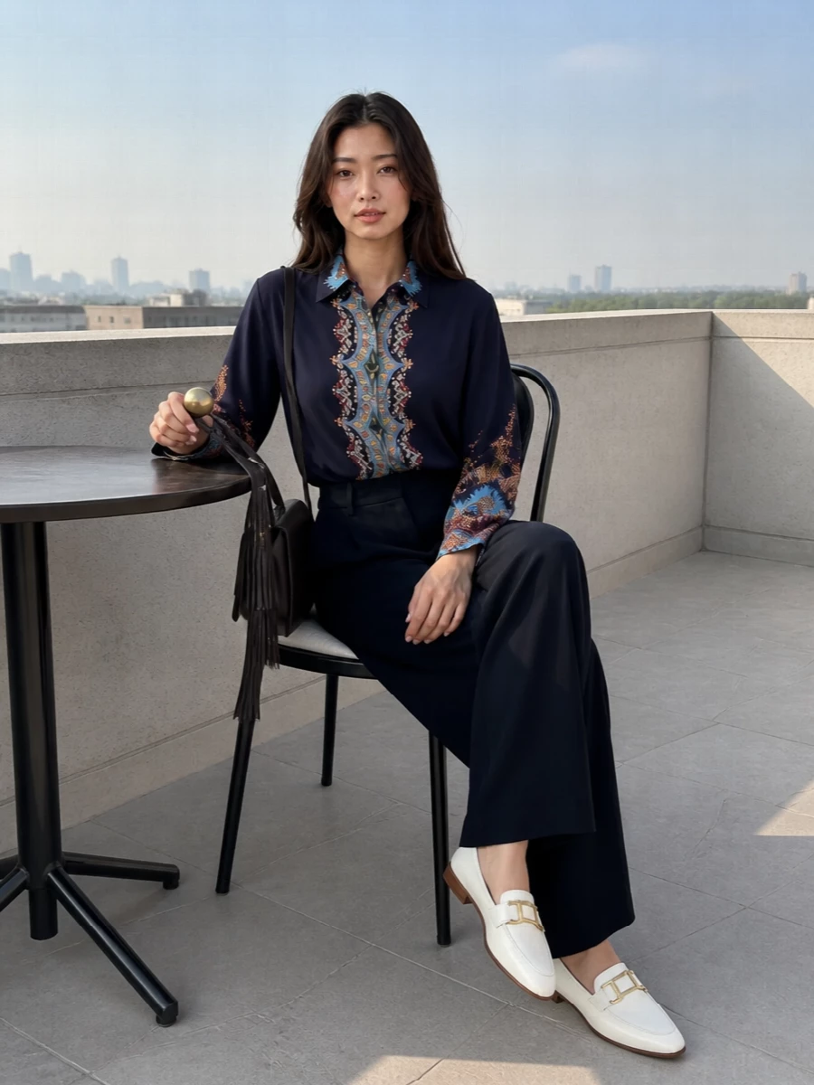 Midnight paisley meets inky tailored trousers for a long, fluid line that feels polished yet free-spirited. The pointed ivory loafer adds just enough structure, softening the boho mood with quiet precision. A deep espresso shoulder bag grounds the palette and keeps the whole ensemble city-ready for day-to-dinner plans.