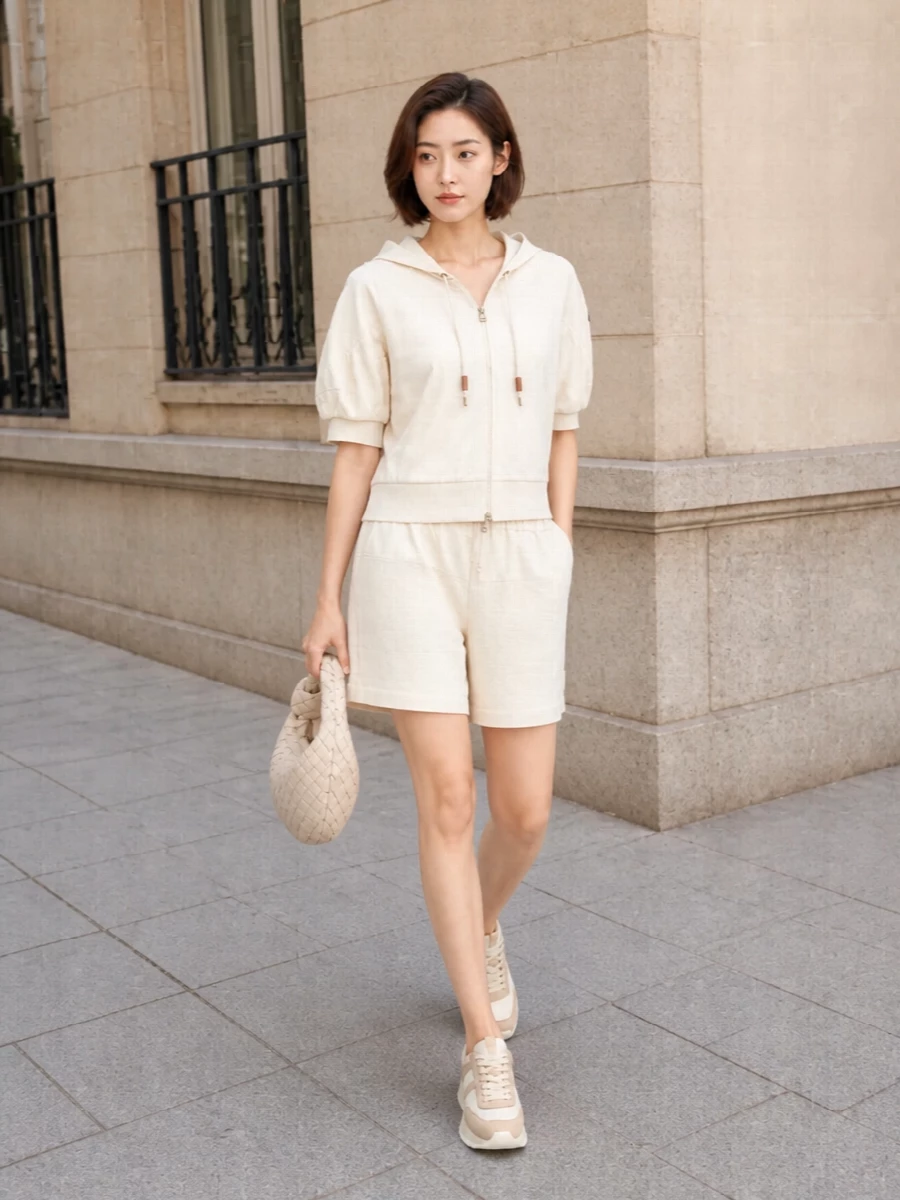 Moncler cream hoodie shorts outfit mini hobo