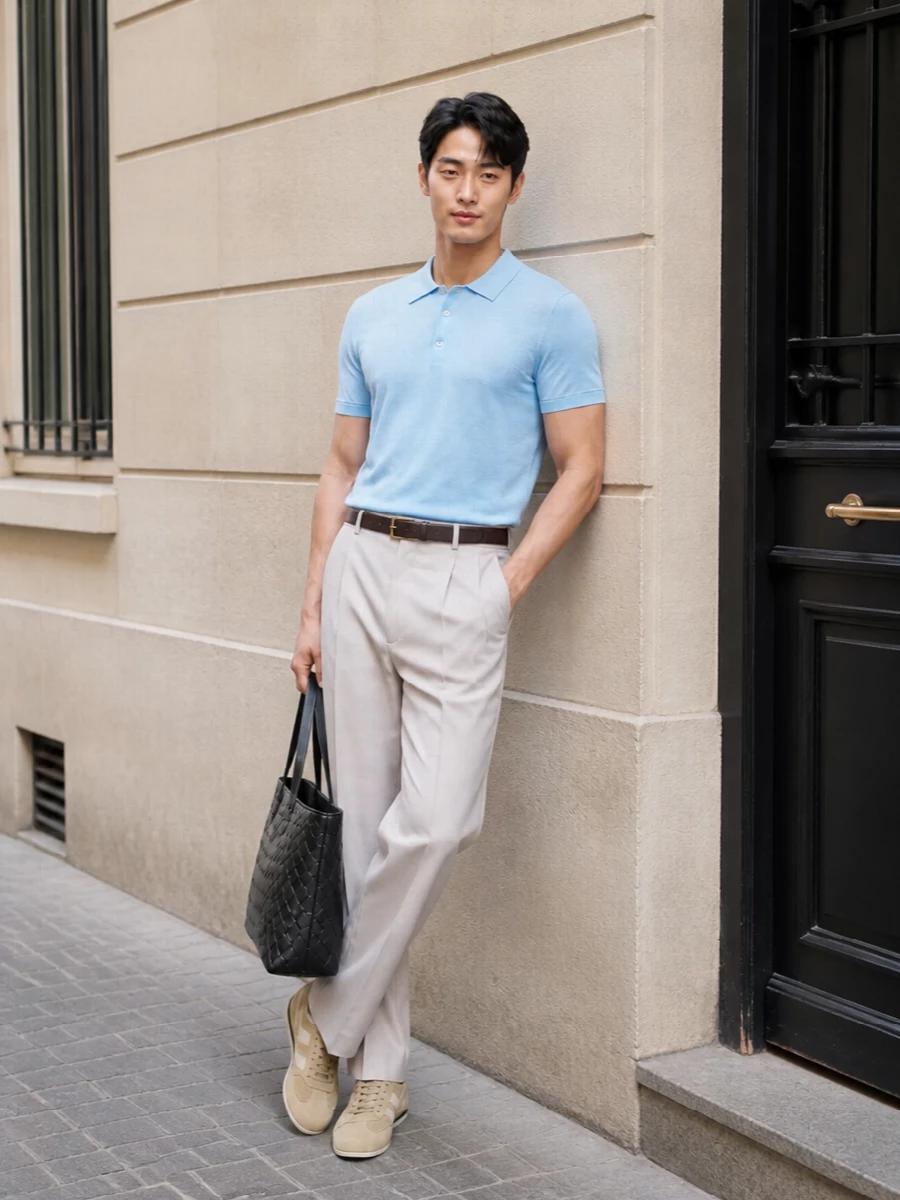 The sky-blue Tom Ford knit polo is paired with high-rise light-stone pleated trousers for a crisp, elongated silhouette that feels effortless yet considered. Sand suede low-top sneakers keep the look relaxed but elevated, while a dark chocolate belt and woven black–charcoal tote introduce subtle depth and structure, maintaining a coherent, quietly luxurious SS palette. The result is an urbane daytime outfit that moves easily from terrace lunch to early evening drinks without ever feeling overworked.