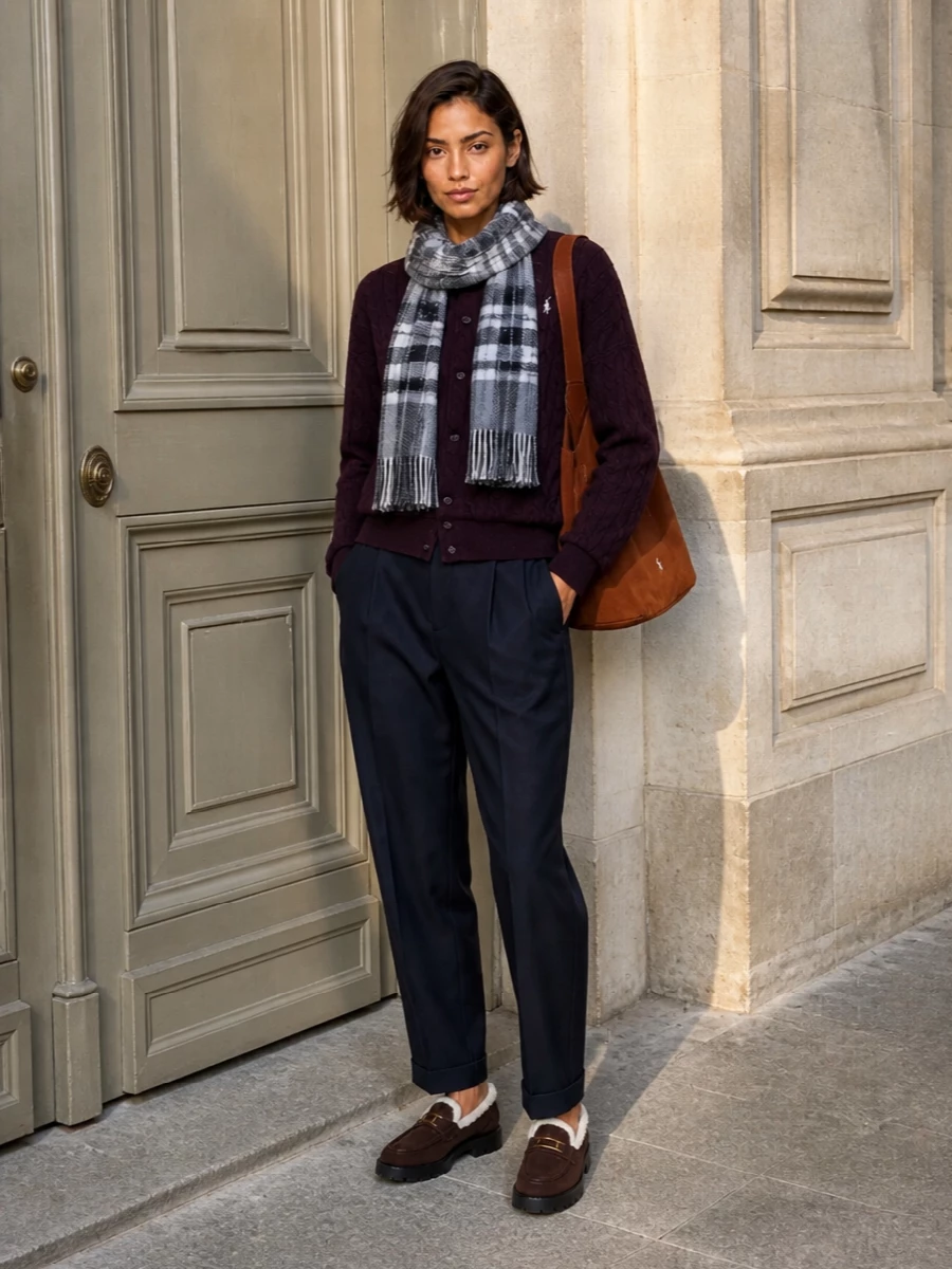 Polo ralph lauren aubergine cardigan navy trousers