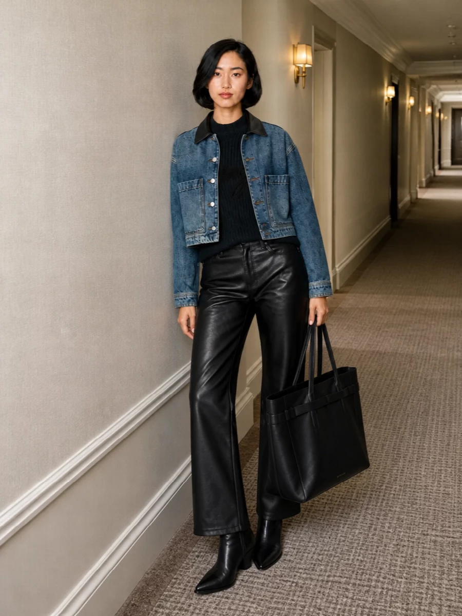 Anine bing denim jacket leather pants outfit