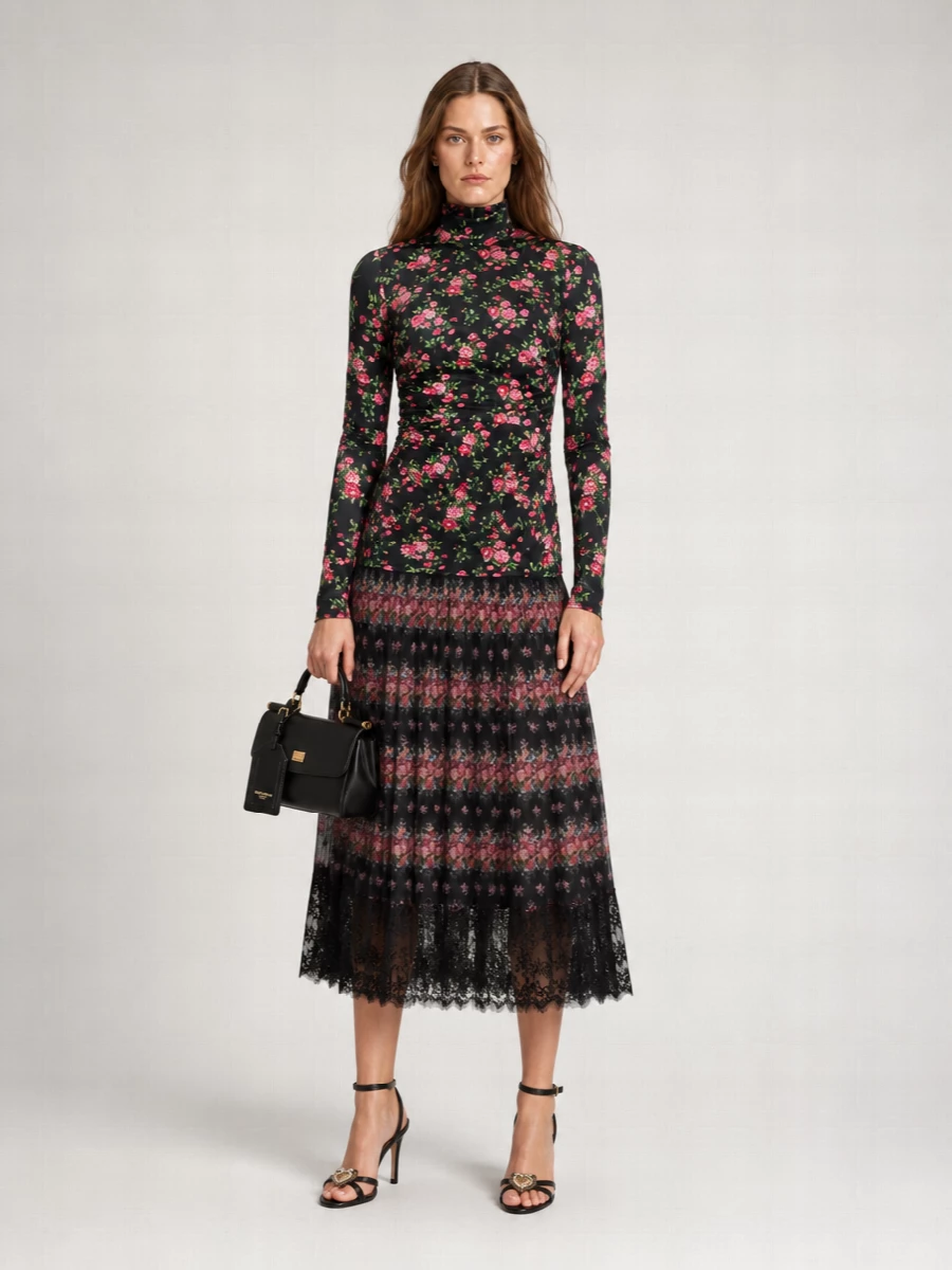 Dolce&Gabbana Silk Floral-Print Draped Long-Sleeve Short Dress