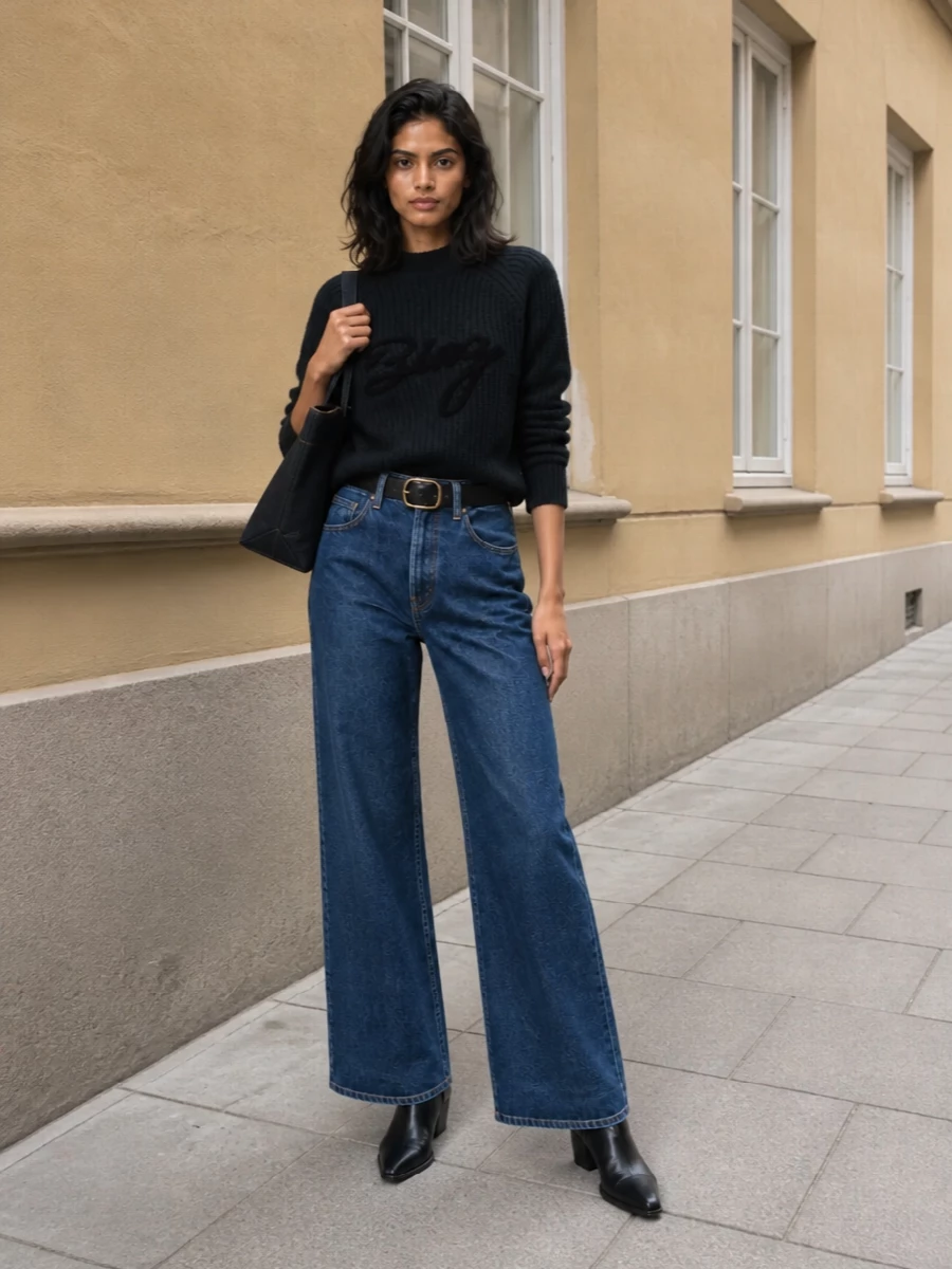 Anine bing wide leg jeans ribbed knit boots