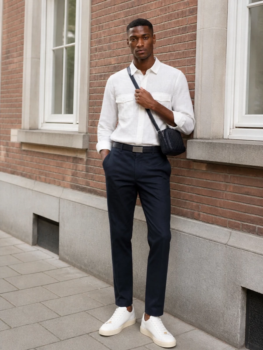 Vince navy trousers white shirt valentino sneakers